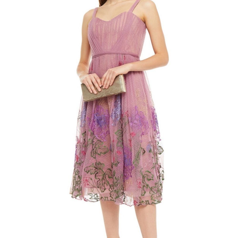 Marchesa Notte Floral Embroidered Midi Dress Summer Wedding Guest